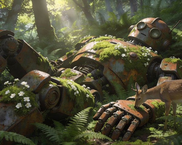 Disabled Rusted Robot in Lush Green Forest Setting