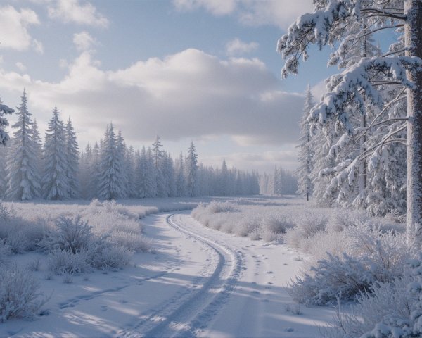 Tranquil Winter Landscape with Snow-Covered Evergreens