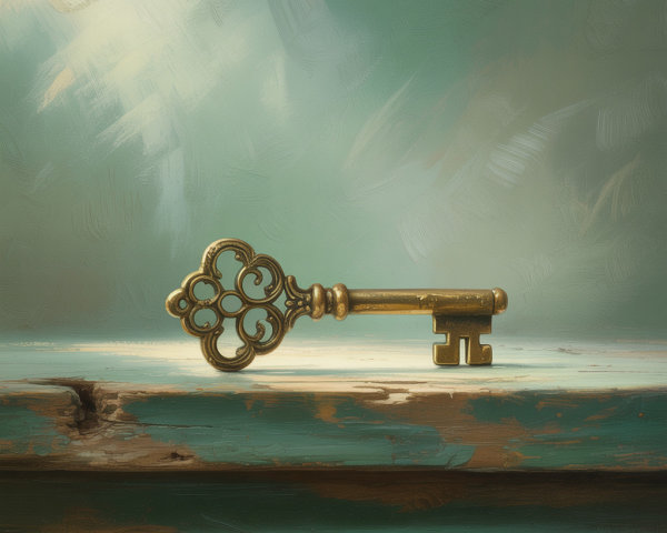 Vintage Brass Key on Weathered Wooden Surface
