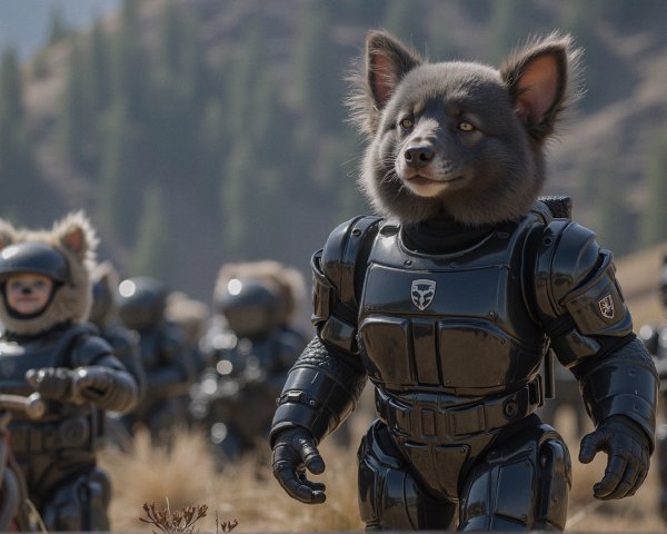 Futuristic soldiers with animal traits in a rugged landscape