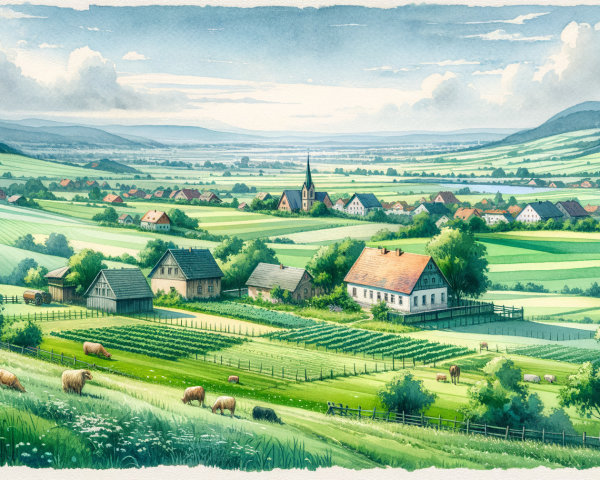 Idyllic Landscape of Green Hills and Quaint Village
