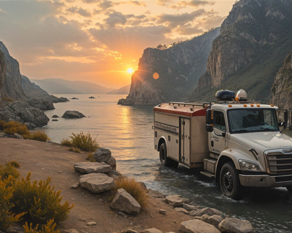Fire Truck by Serene River at Sunset with Cliffs