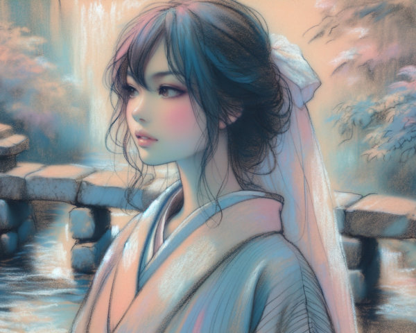 Young Woman in Traditional Attire by Tranquil Stream
