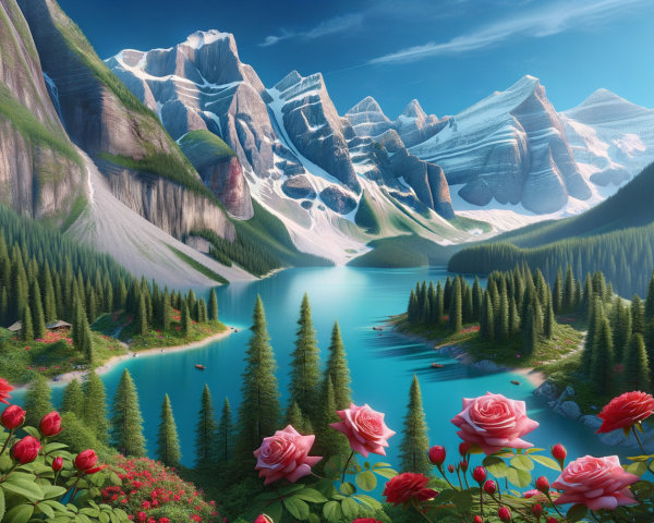 Turquoise Lake Surrounded by Snowy Mountains and Roses