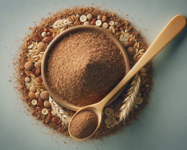 Wooden Bowl with Brown Sugar Surrounded by Nuts and Grains