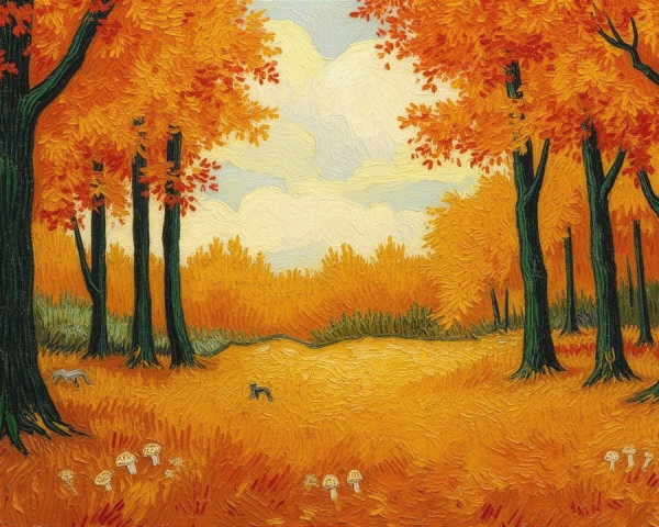 Serene Autumn Landscape with Vibrant Trees and Wildlife