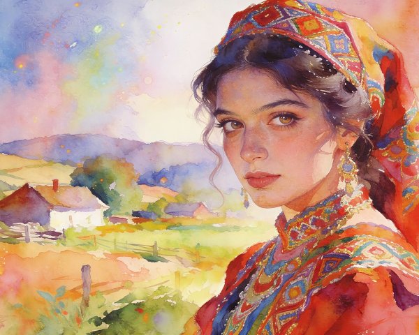 Watercolor portrait of a young woman in traditional attire