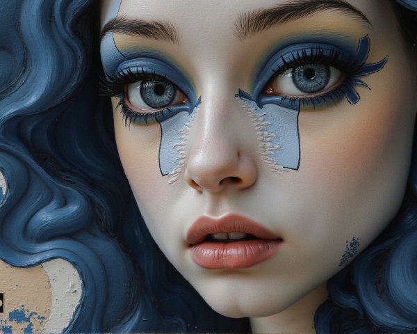 Close-up of a young woman's face with blue eyes