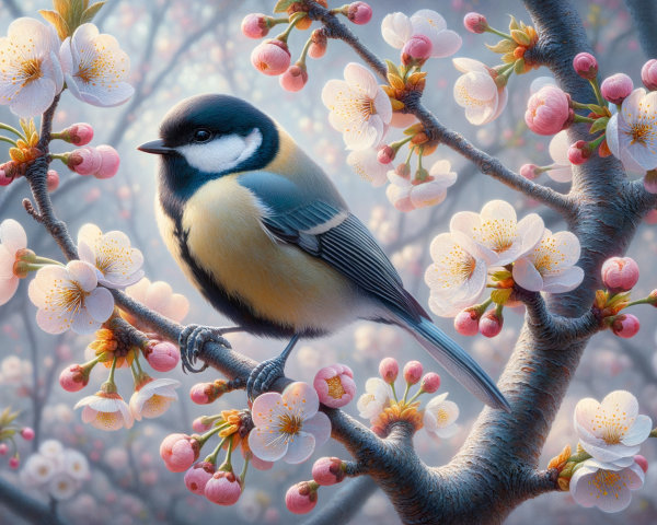 Vibrant Bird on Cherry Blossom Branch in Springtime