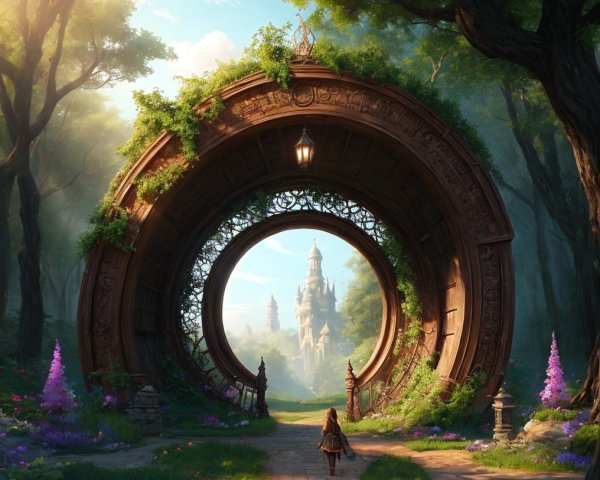 Ornate circular gateway leads to distant castle view