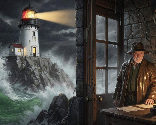 Elderly Lighthouse Keeper in Stormy Sea Setting