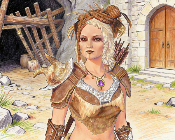 Female Adventurer in Rocky Landscape with Mine Entrance