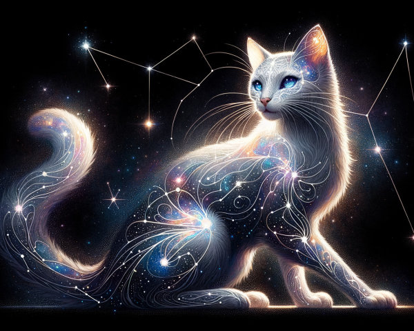 Mystical White Cat with Cosmic Backdrop and Stars