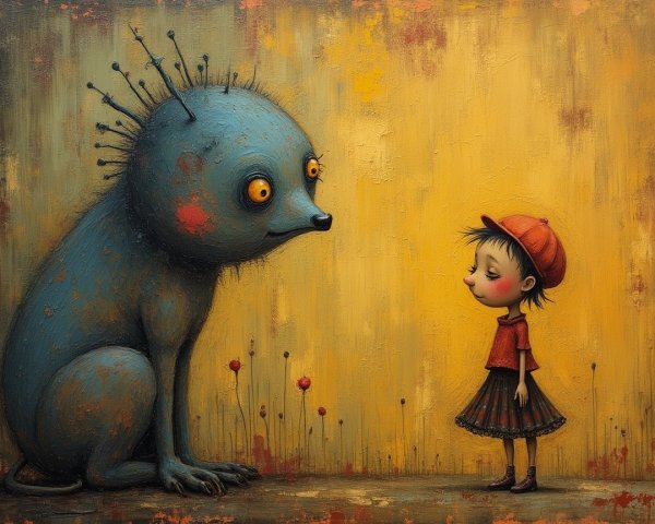Whimsical Scene of a Blue Creature and Young Girl