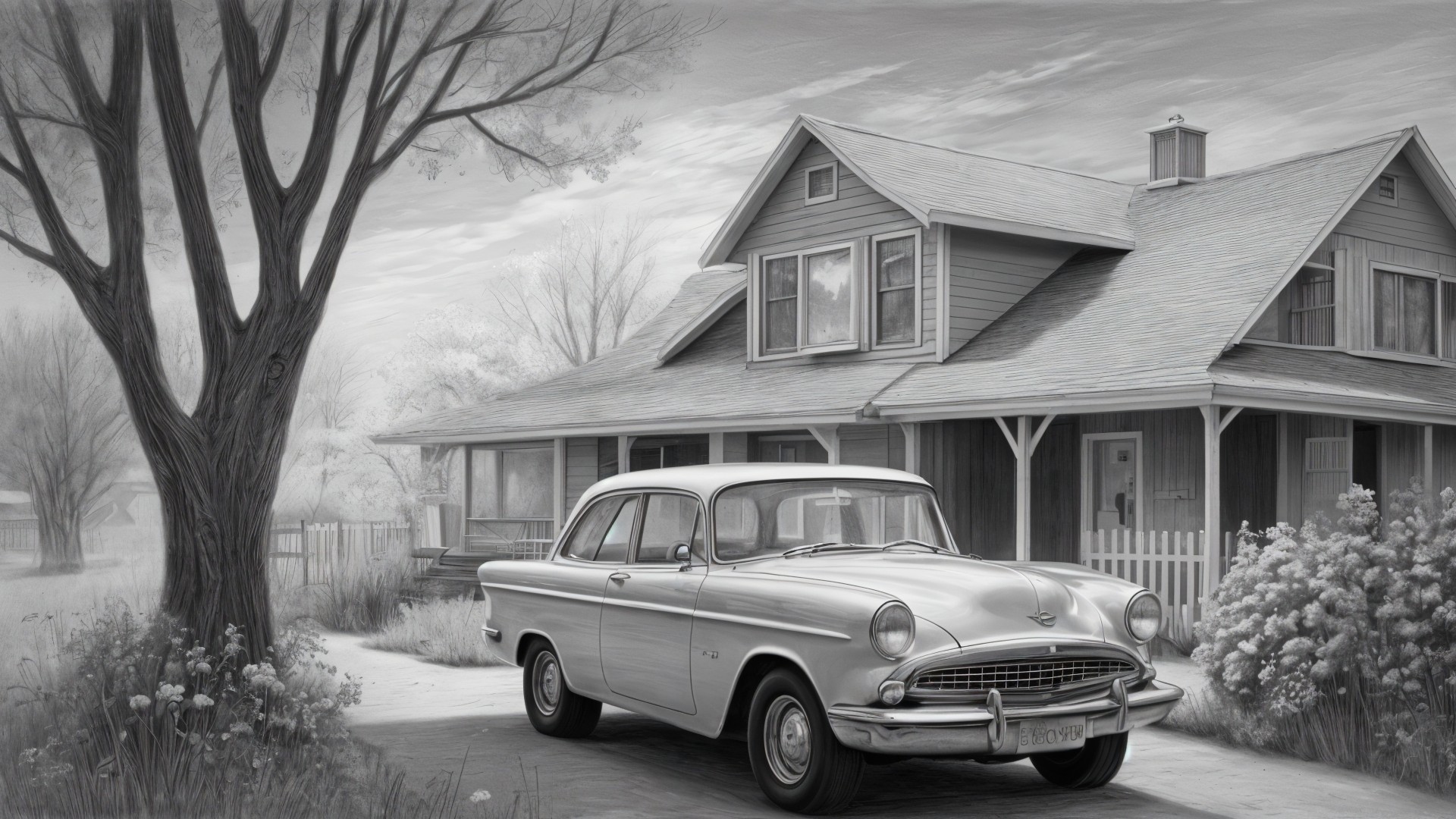Classic Silver Car by Vintage House in Grayscale Setting