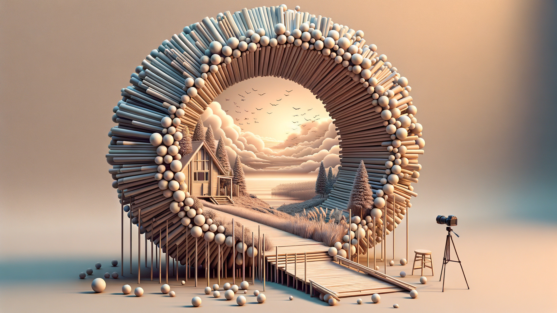 Whimsical Circular Frame with Serene Landscape View