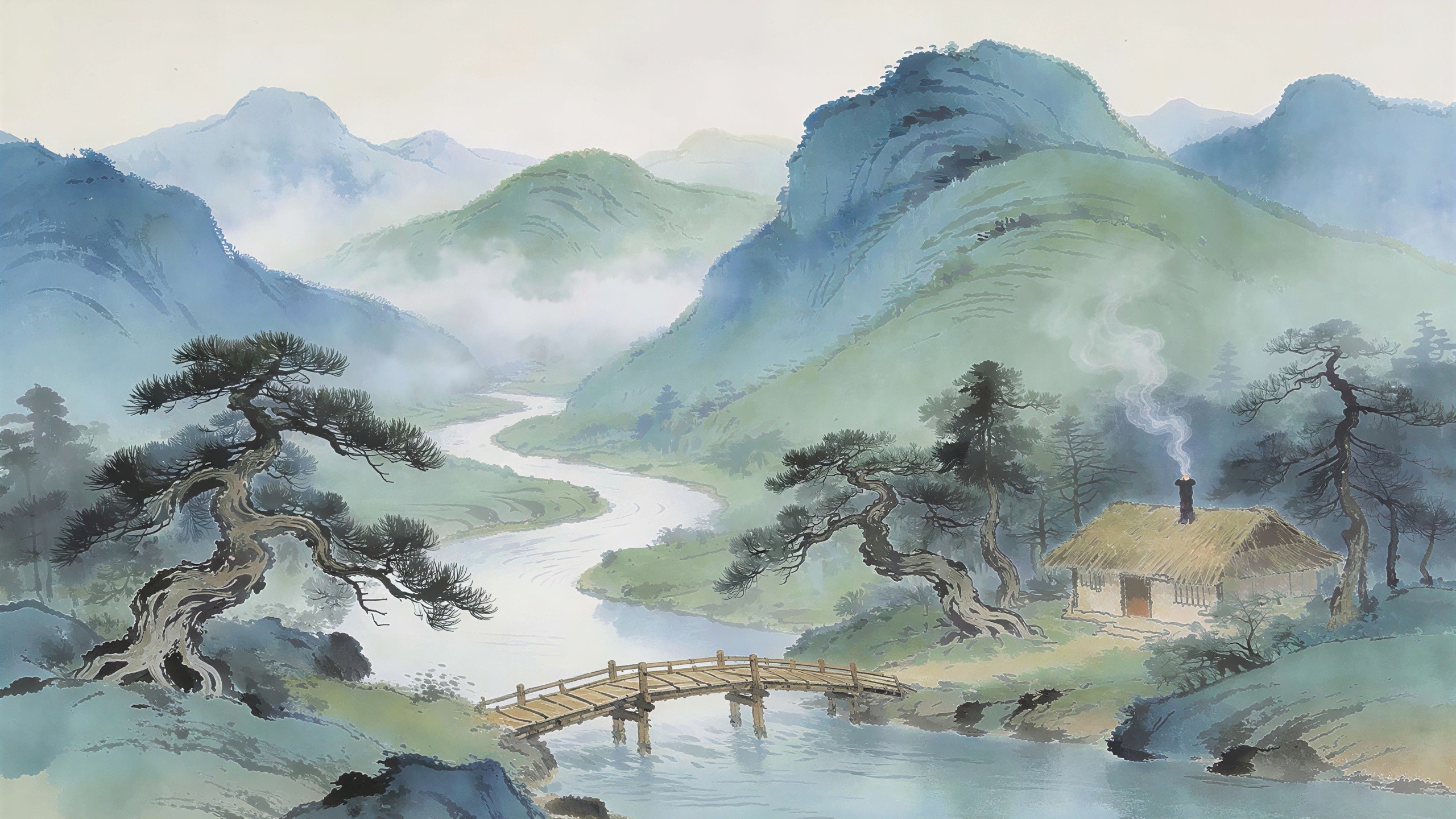 Ethereal Asian Watercolor Landscape with Misty Mountains
