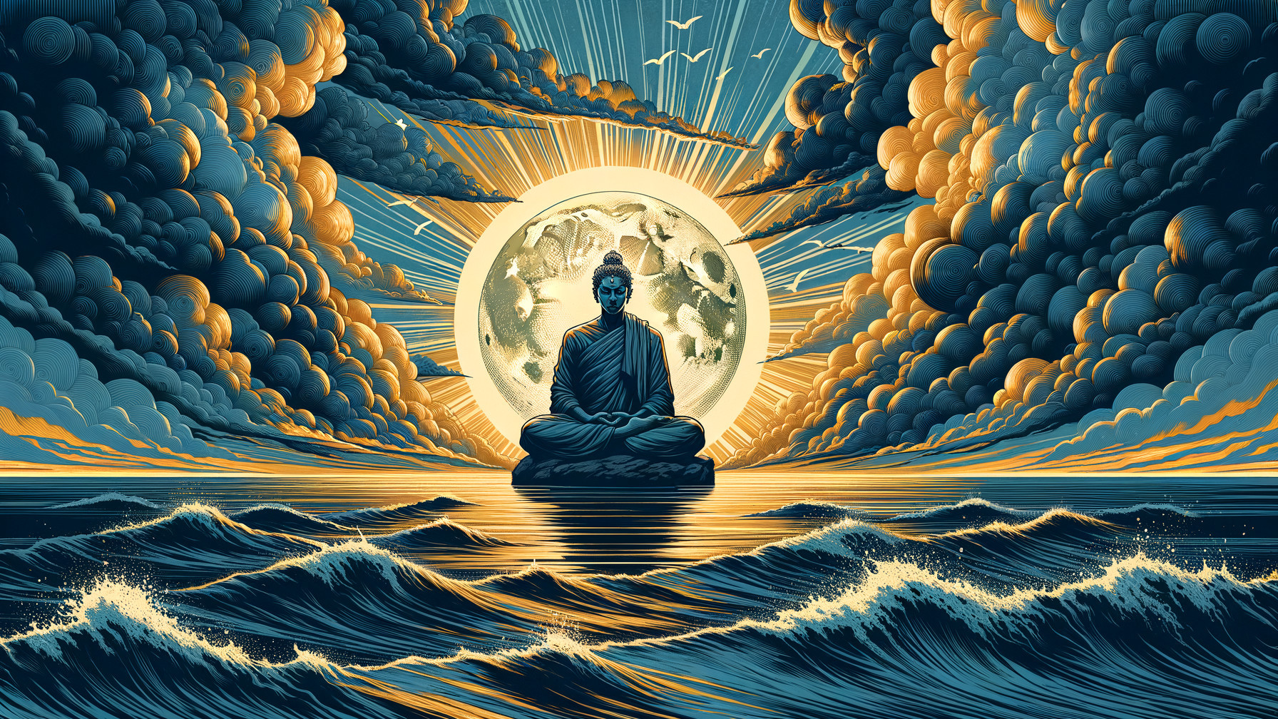 Buddha Statue on Rocky Outcrop Under Full Moon