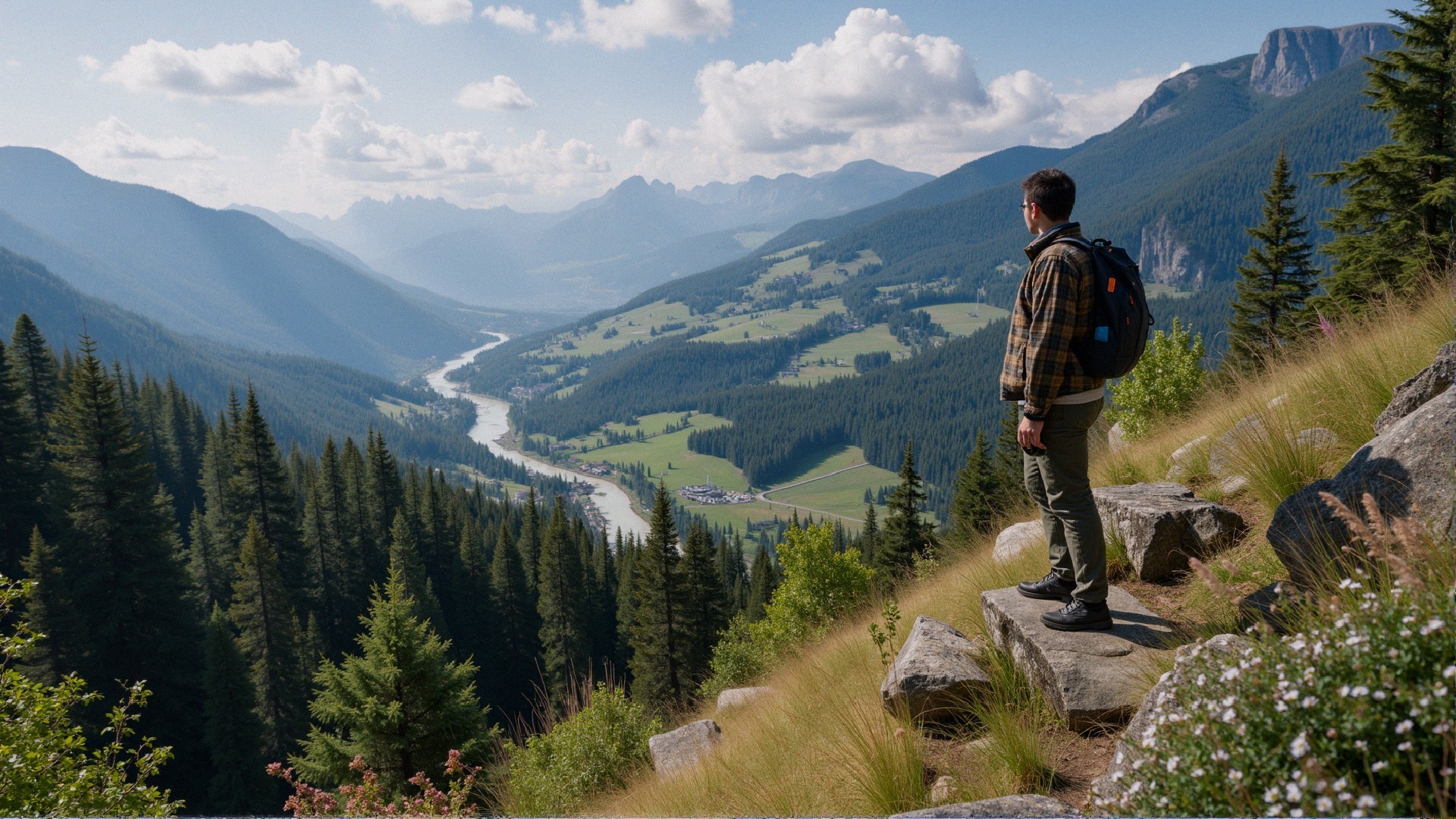 Lone Hiker Overlooks Scenic Valley and Mountains