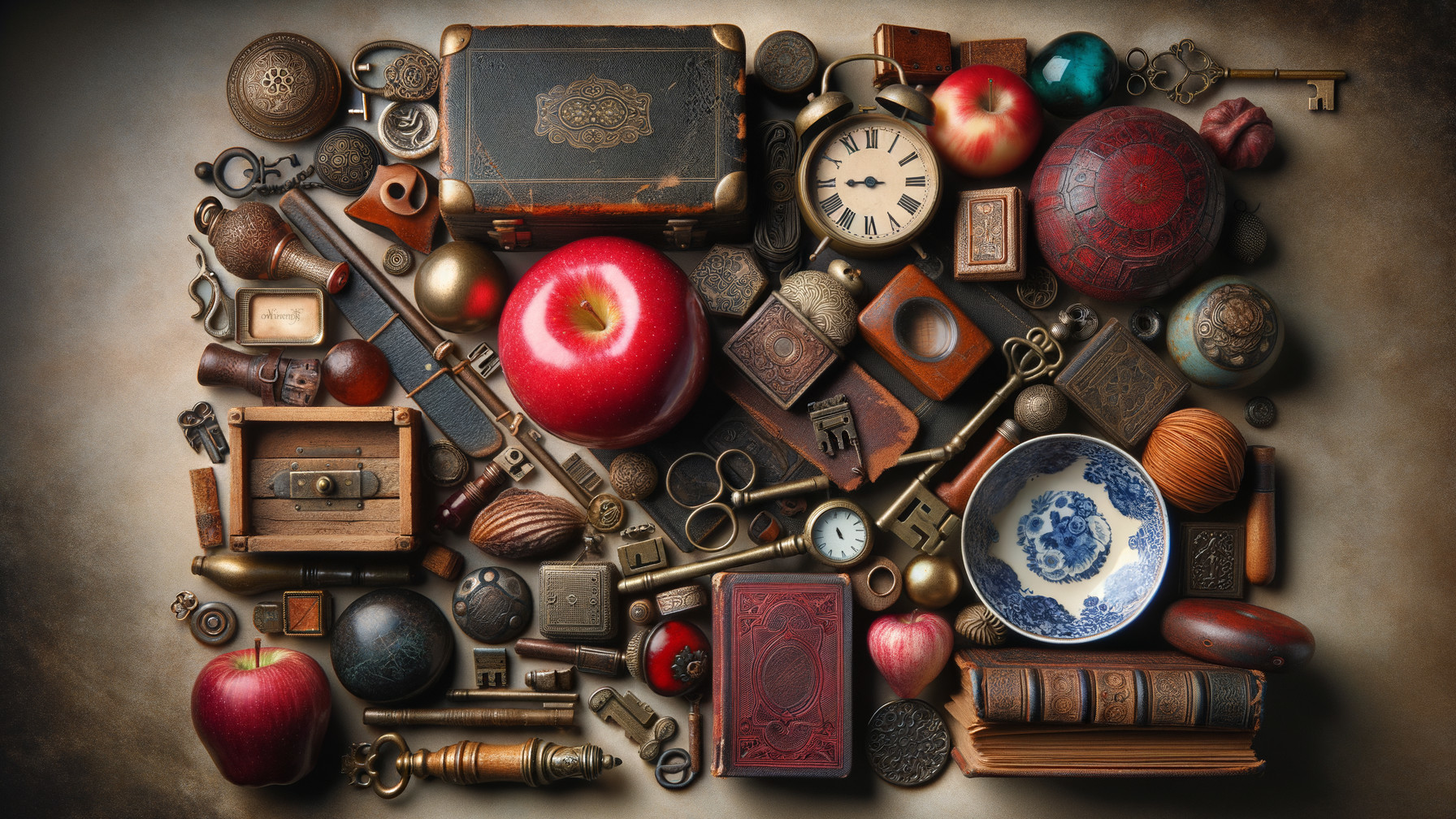 Vintage Objects and Textures with a Red Apple Centerpiece