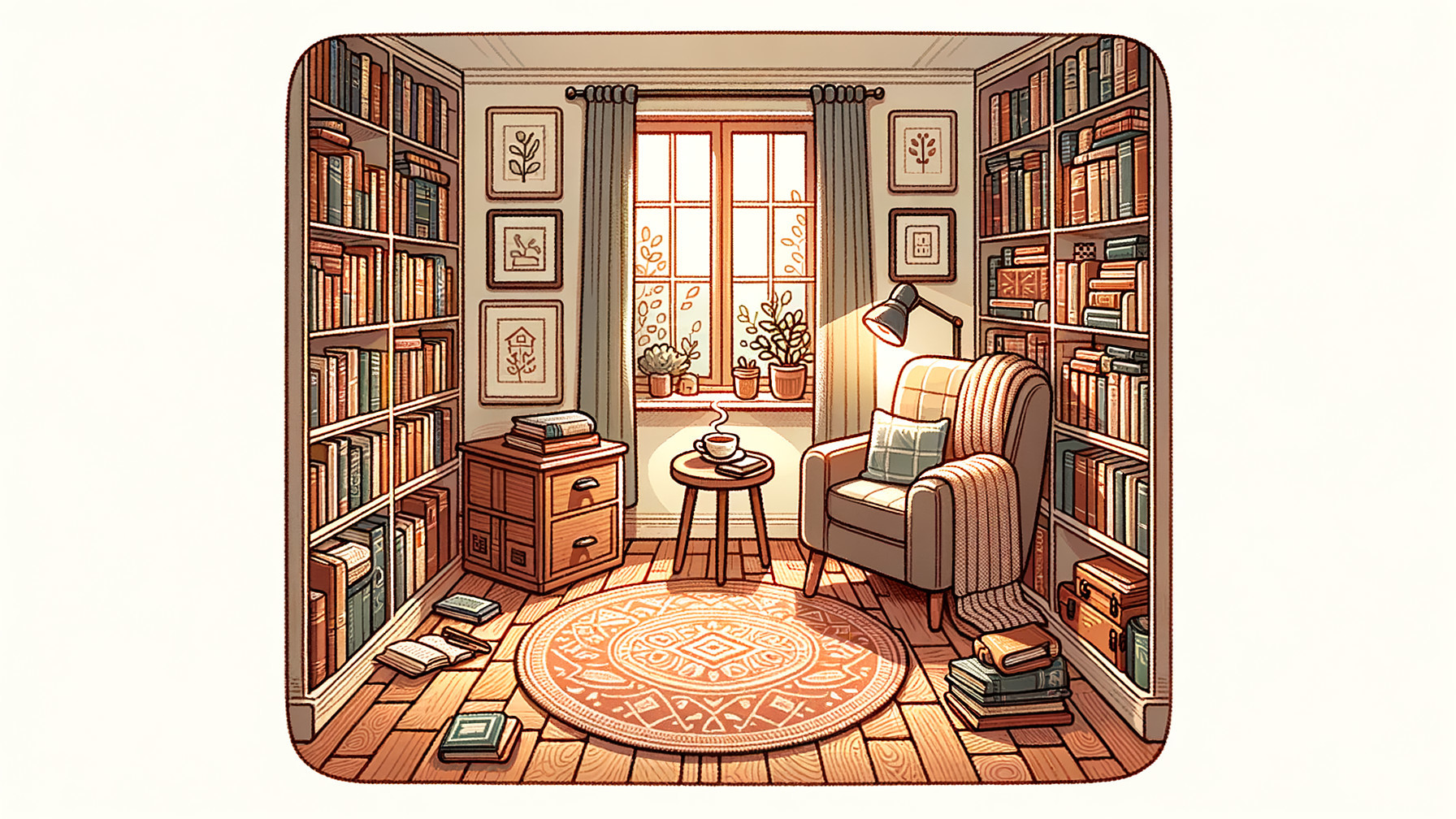 Cozy Reading Nook with Books and Warm Sunlight