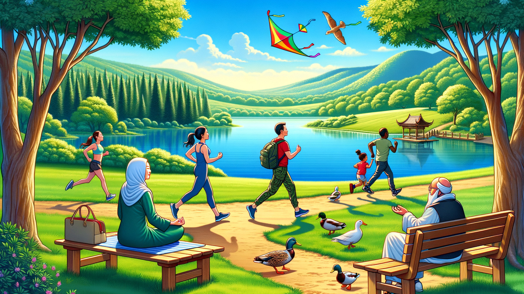Lakeside Scene with People Enjoying a Sunny Day