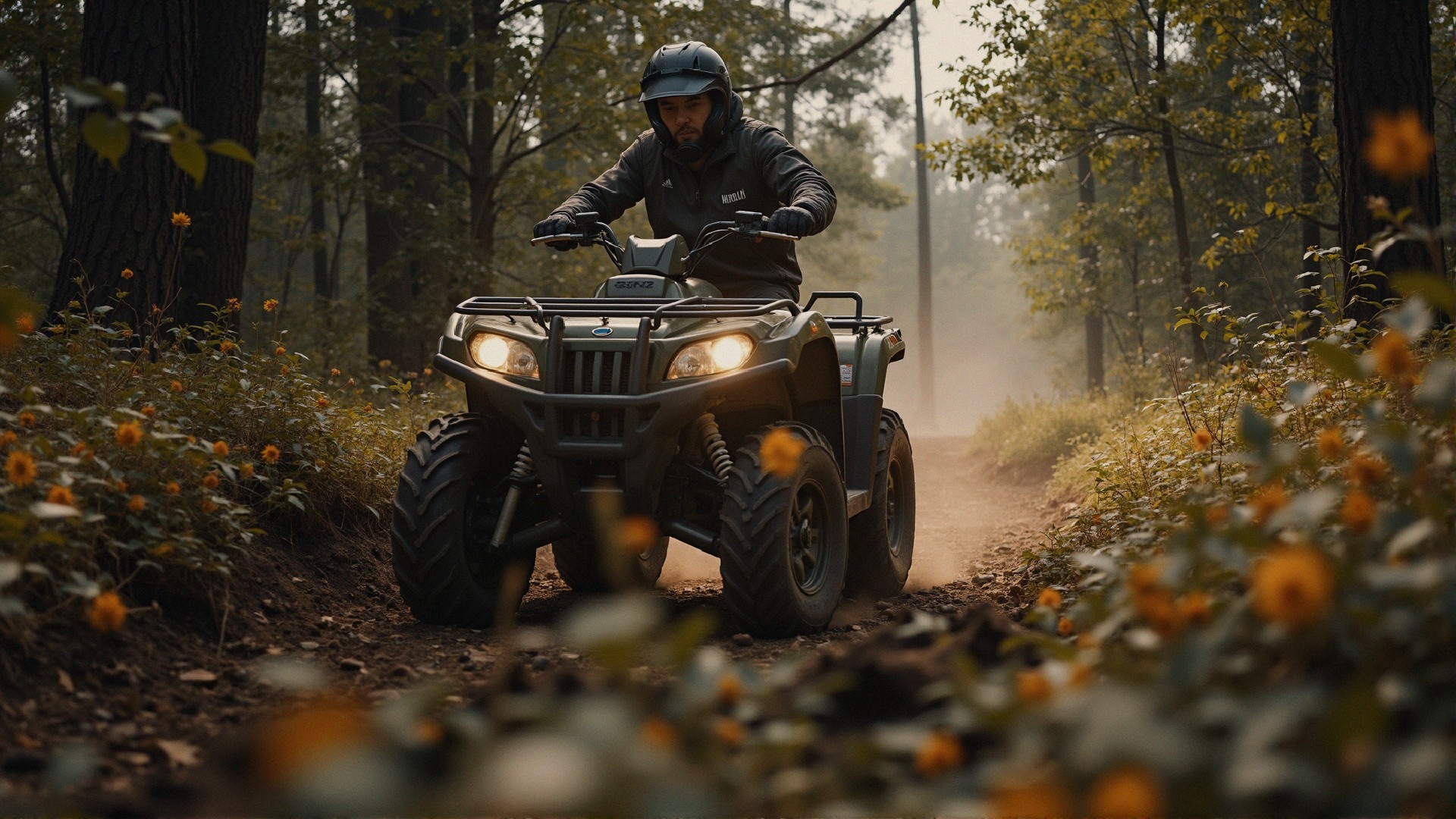 ATV Riding in a Misty Forest with Vibrant Flora