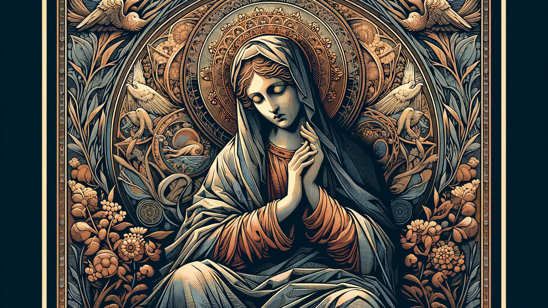 Intricate depiction of a serene female figure in prayer