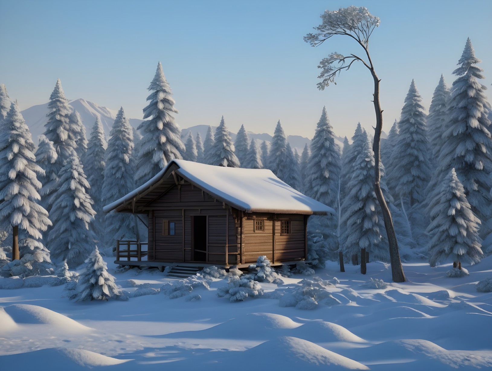 Wooden Cabin in Serene Winter Landscape with Pine Trees