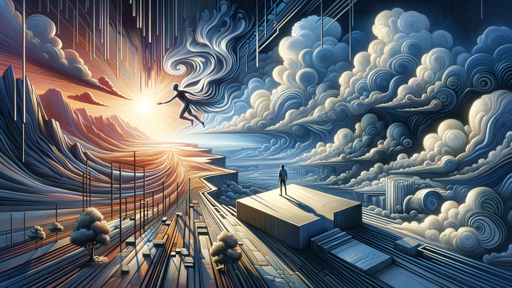 Surreal Landscape with Ethereal Figures and Clouds