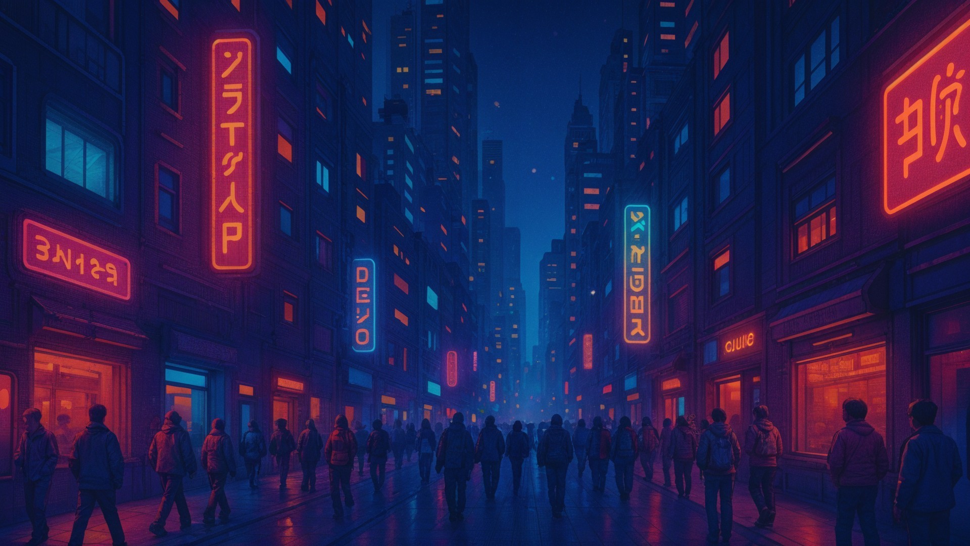 Vibrant Urban Scene at Dusk with Neon Signs