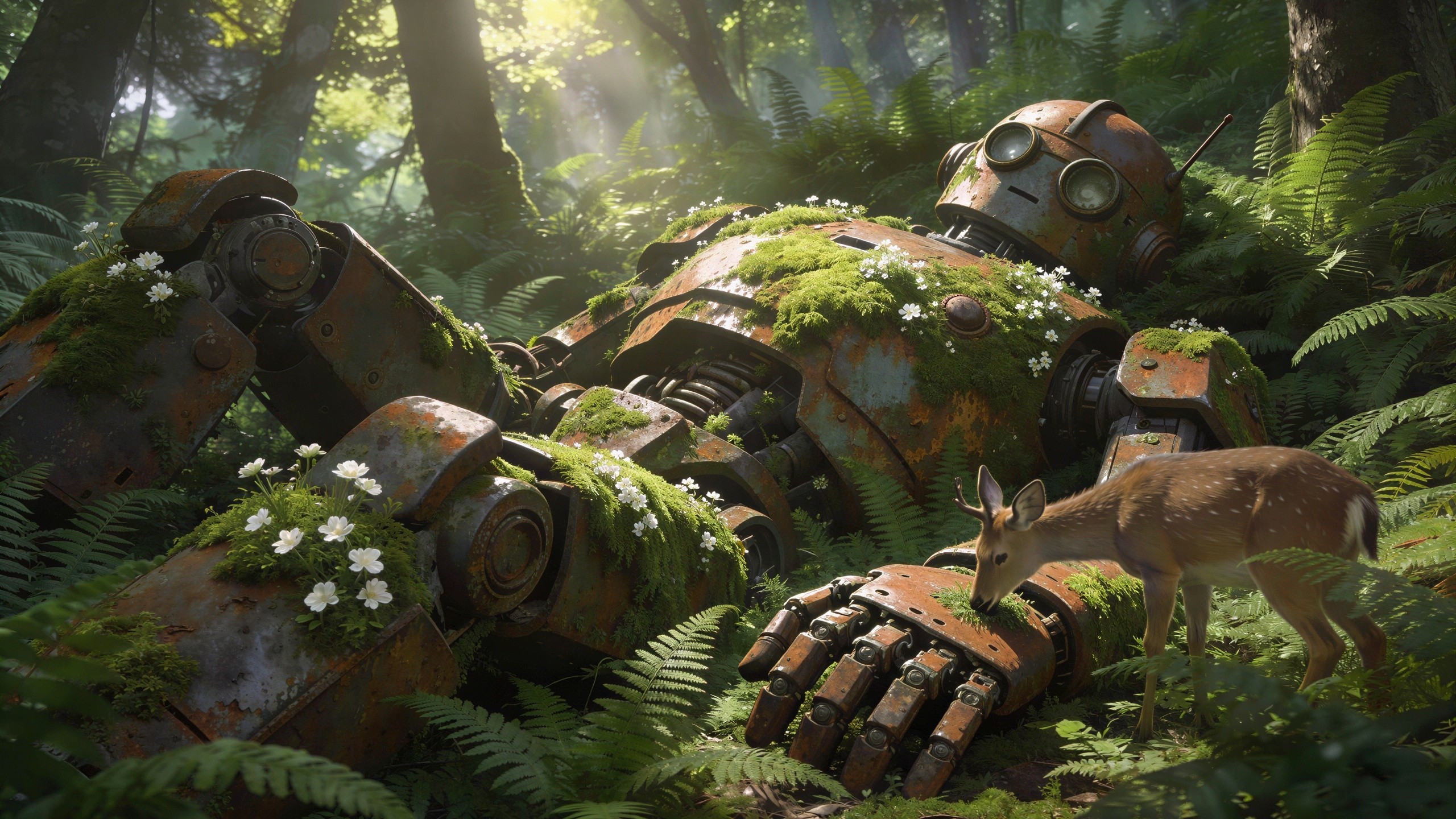 Disabled Rusted Robot in Lush Green Forest Setting