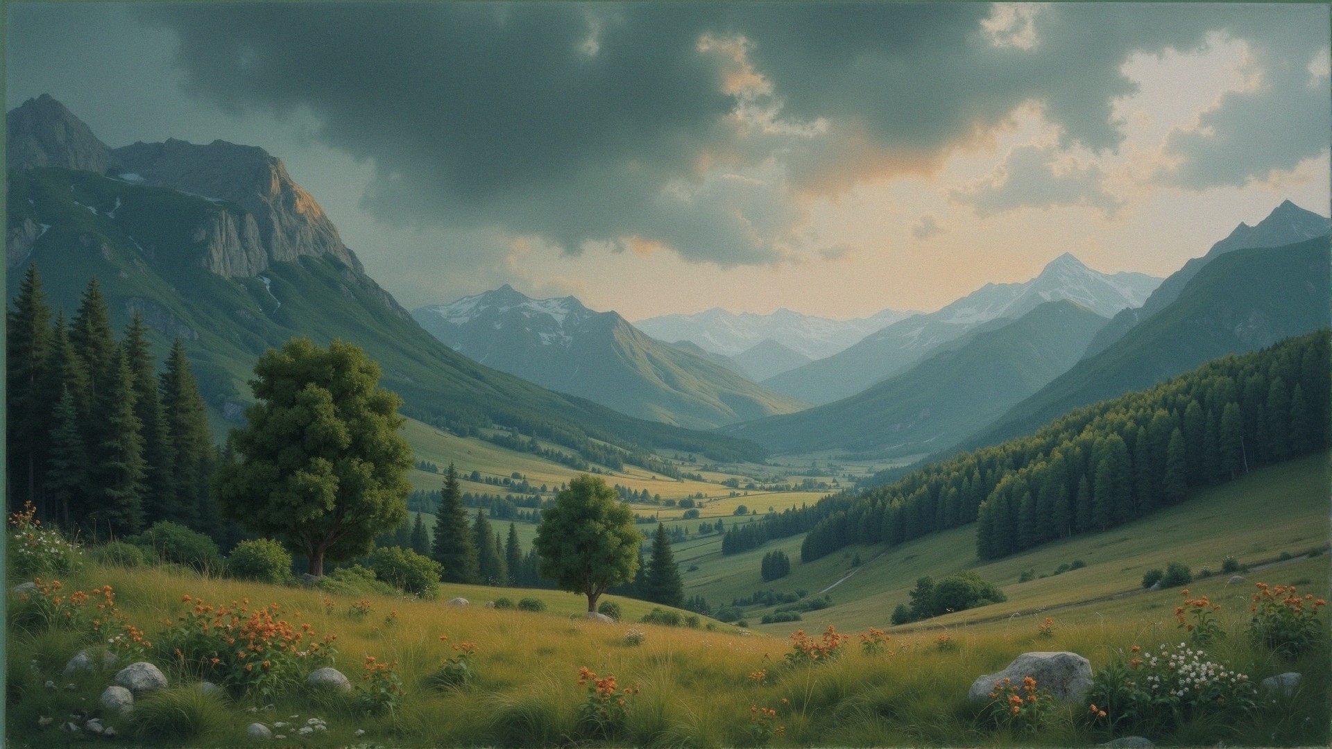 Serene valley with mountains and wildflower meadows