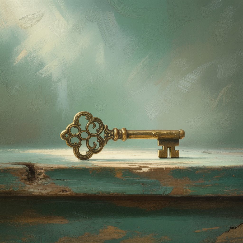 Vintage Brass Key on Weathered Wooden Surface