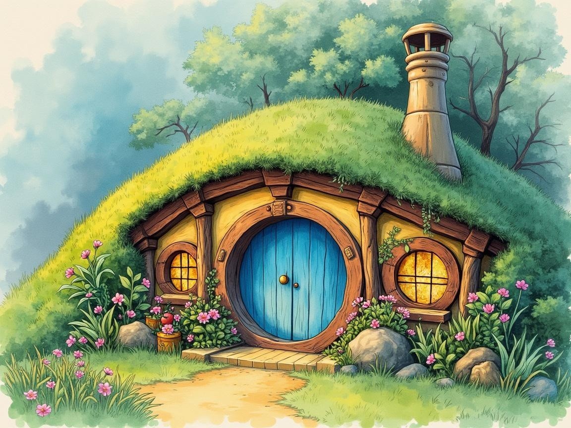 Whimsical Hobbit House Surrounded by Lush Greenery