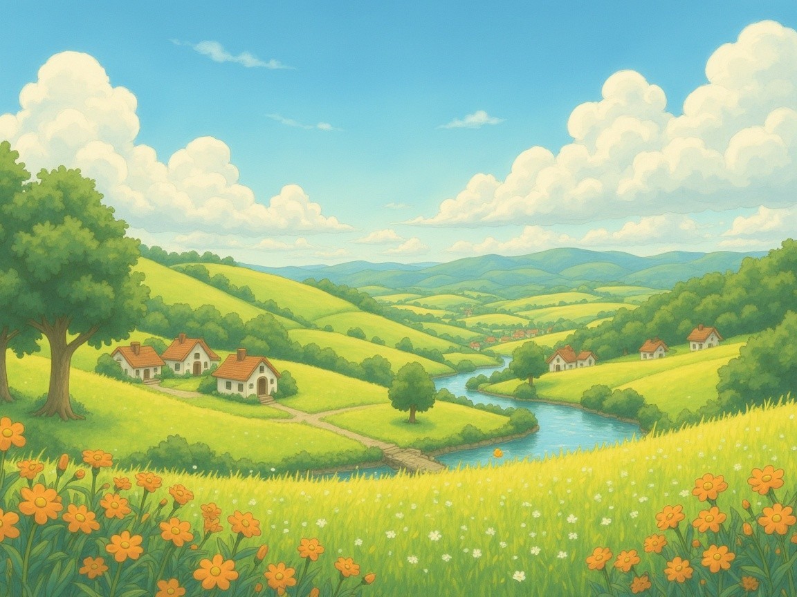 Serene Landscape of Rolling Hills and Quaint Houses