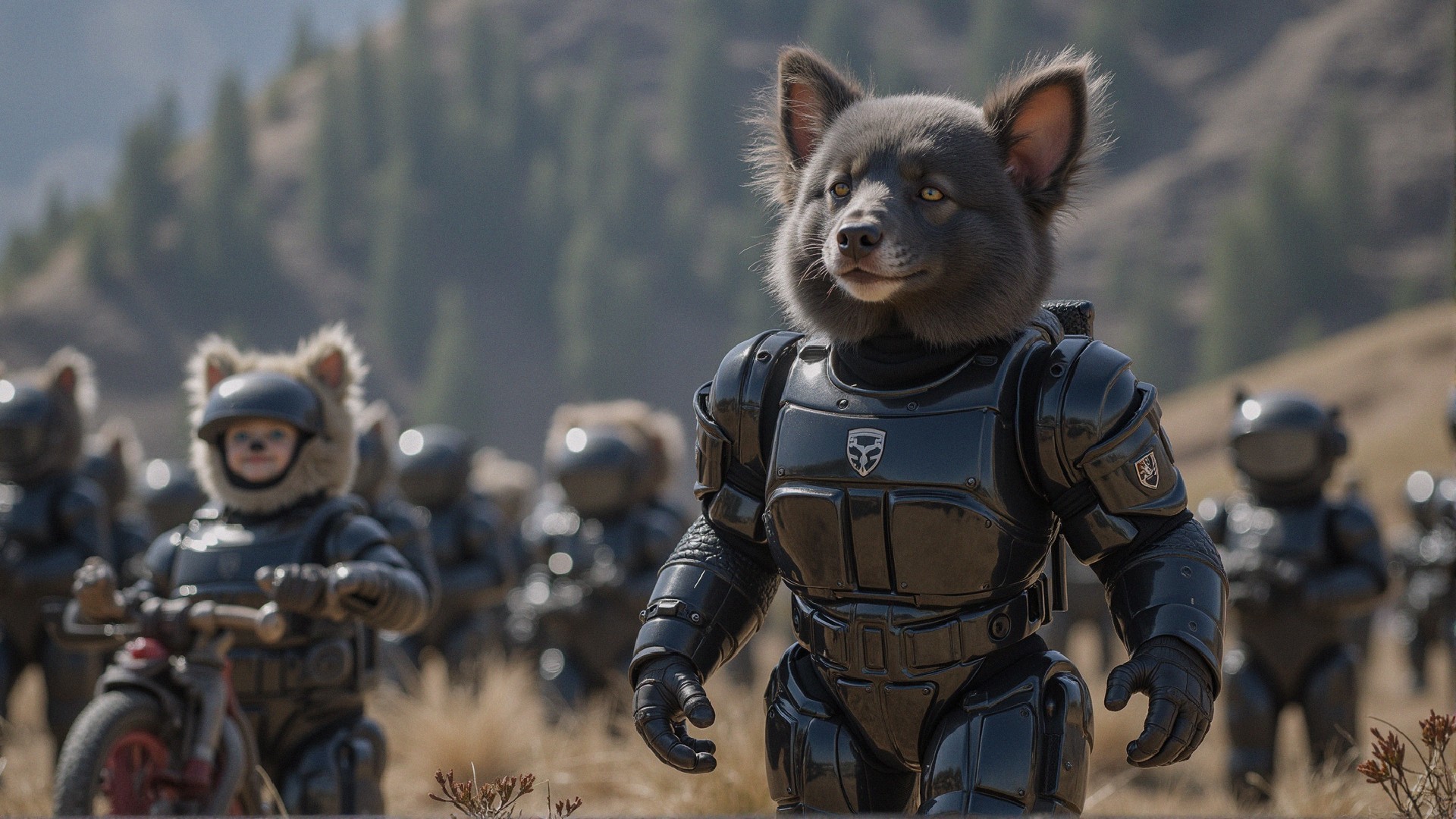 Futuristic soldiers with animal traits in a rugged landscape