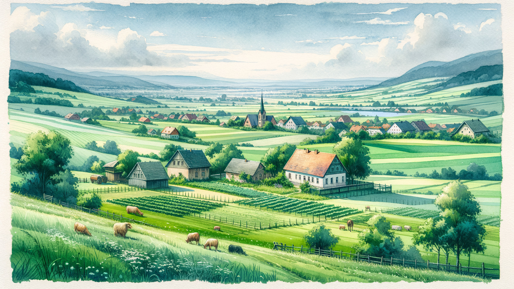 Idyllic Landscape of Green Hills and Quaint Village