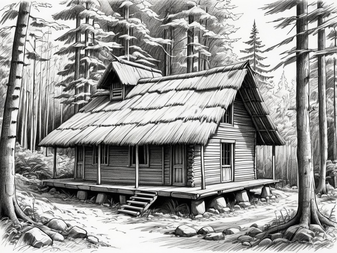 Rustic cabin in a forest with a thatched roof