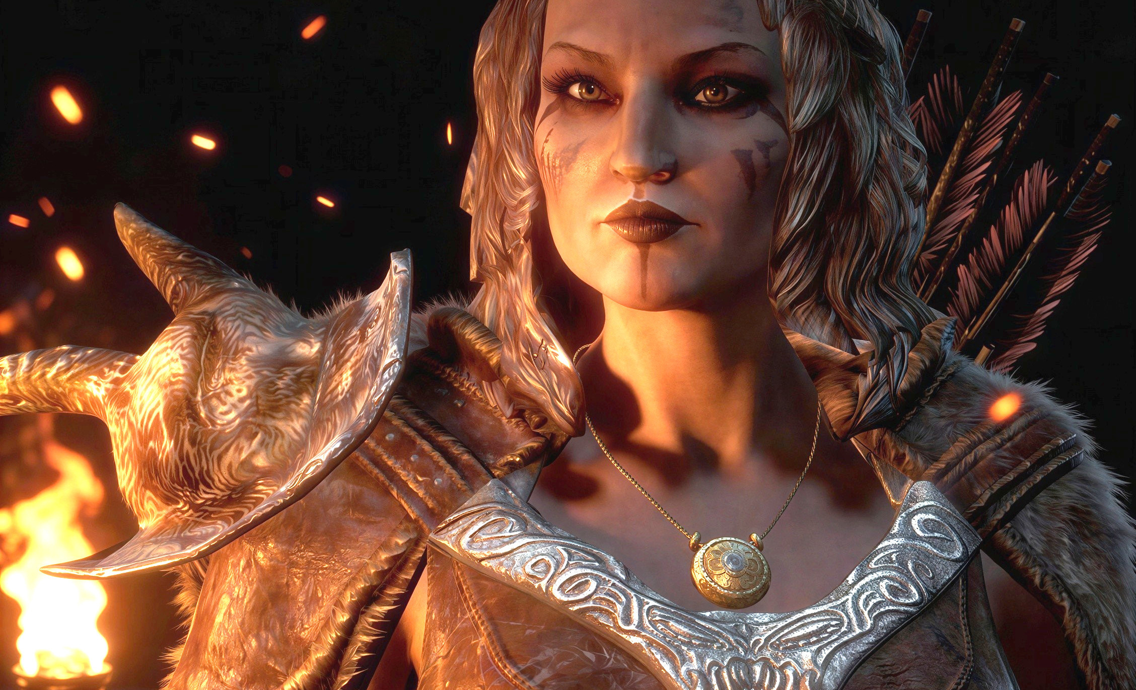 Close-up of a female character in ancient armor