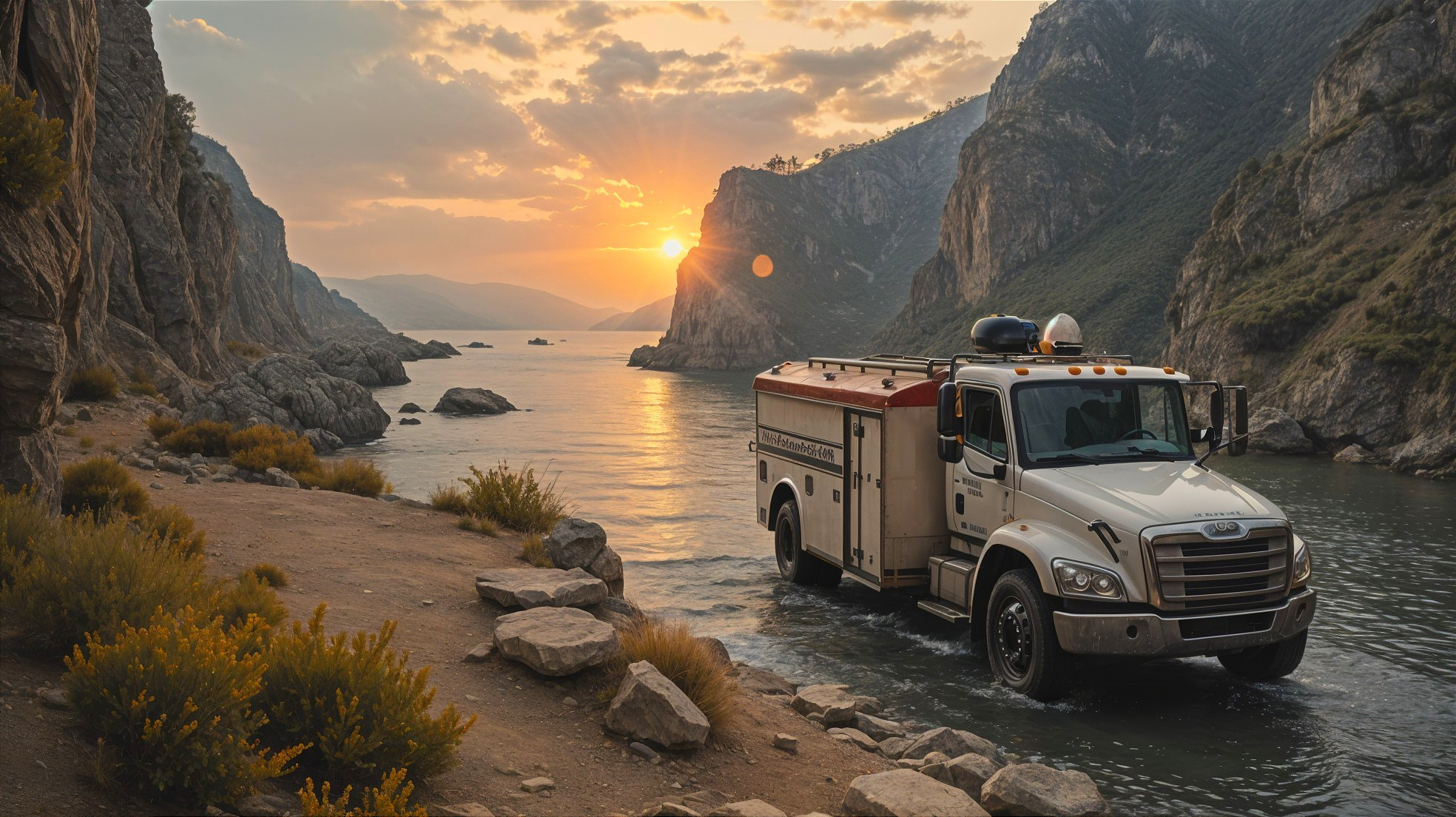 Fire Truck by Serene River at Sunset with Cliffs