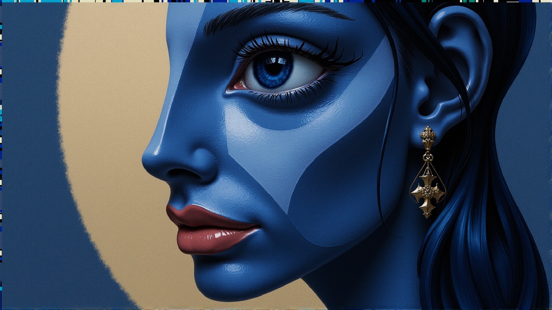 Stylized portrait of a woman with blue skin tones