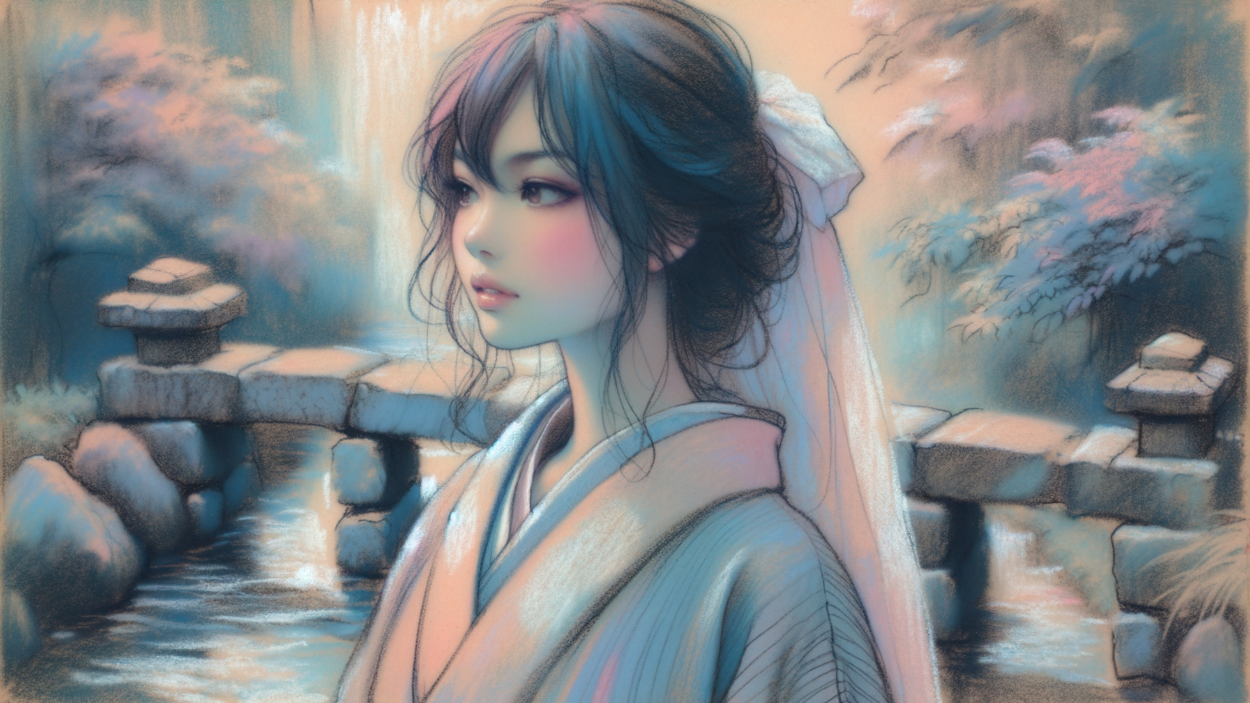 Young Woman in Traditional Attire by Tranquil Stream