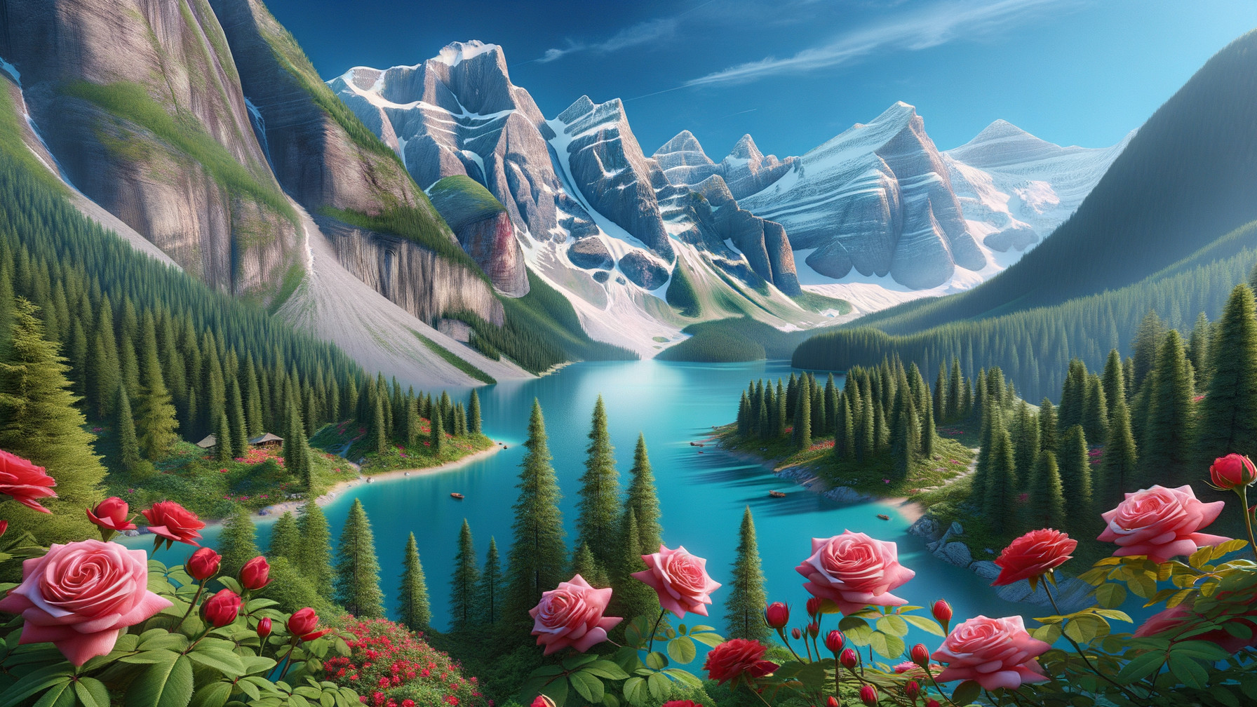Turquoise Lake Surrounded by Snowy Mountains and Roses