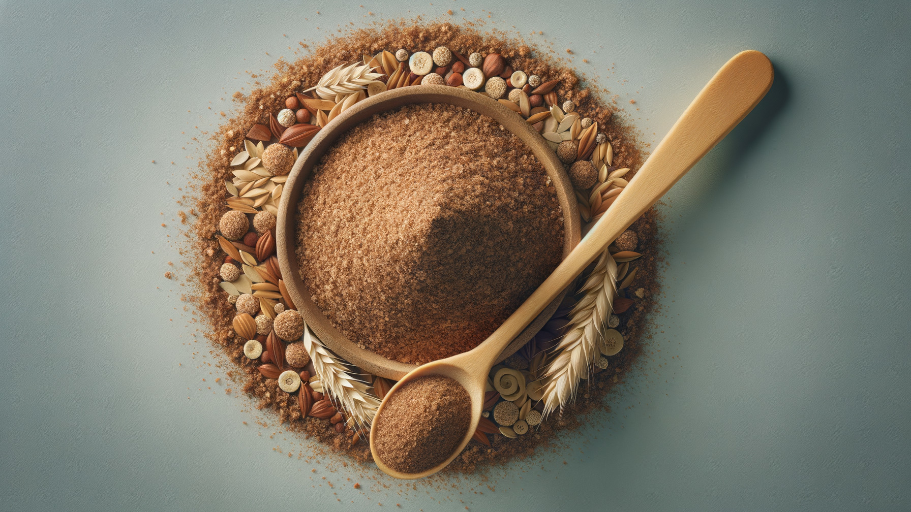 Wooden Bowl with Brown Sugar Surrounded by Nuts and Grains