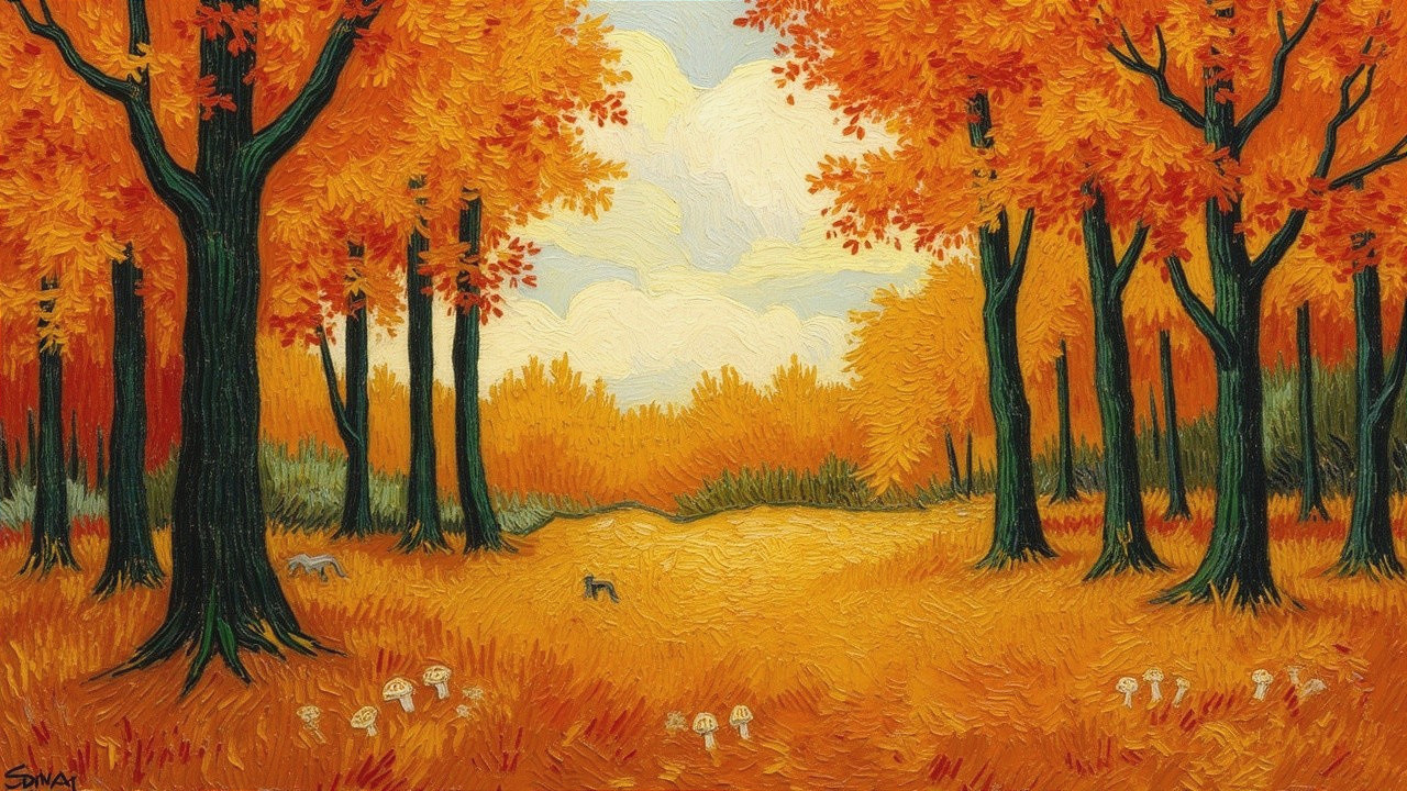 Serene Autumn Landscape with Vibrant Trees and Wildlife