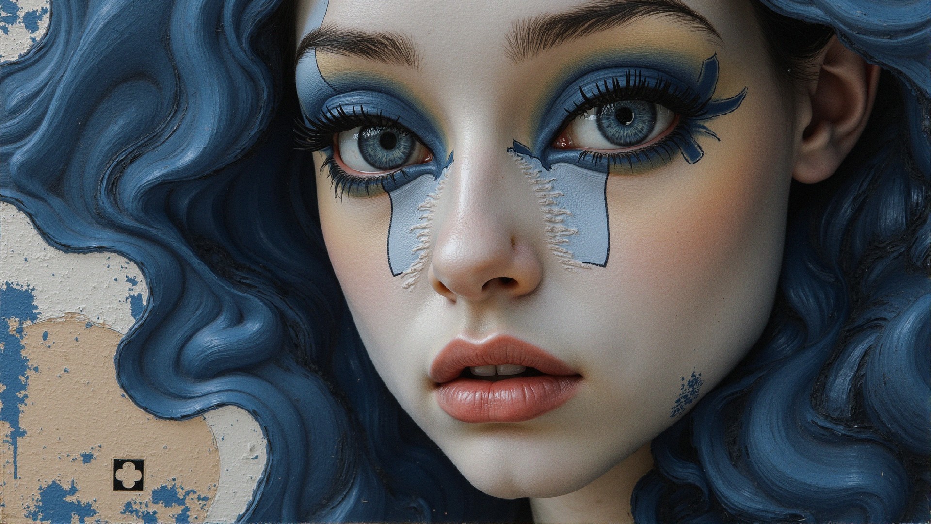 Close-up of a young woman's face with blue eyes