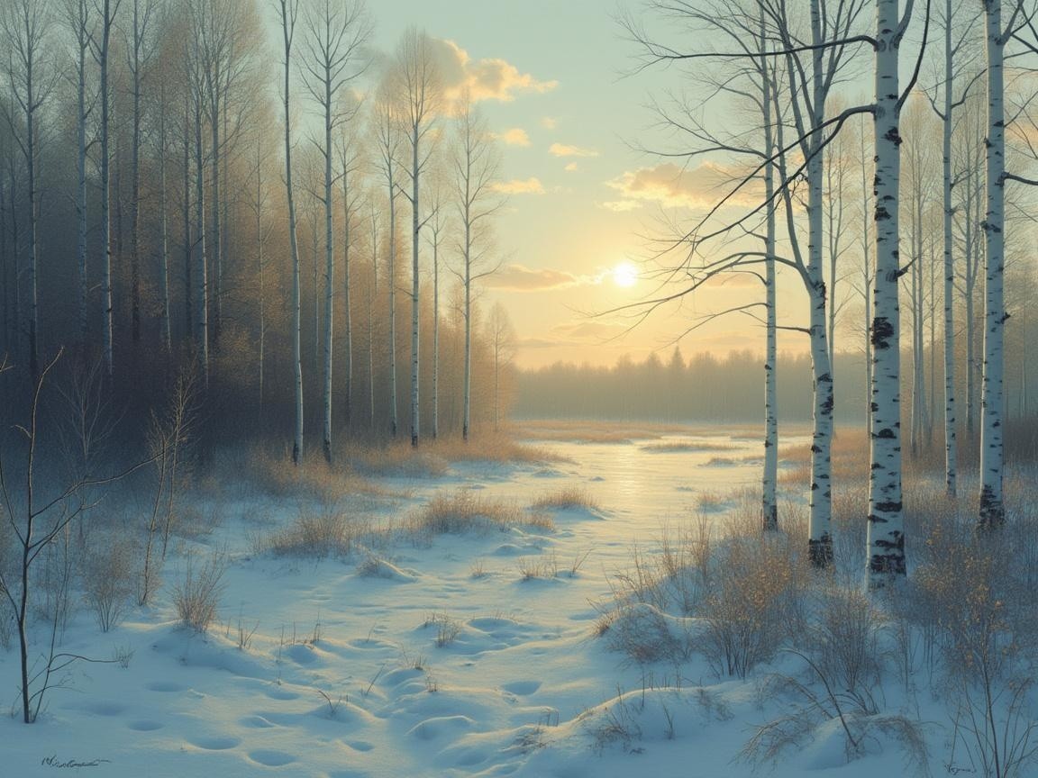 Serene Winter Landscape with Birch Trees and River