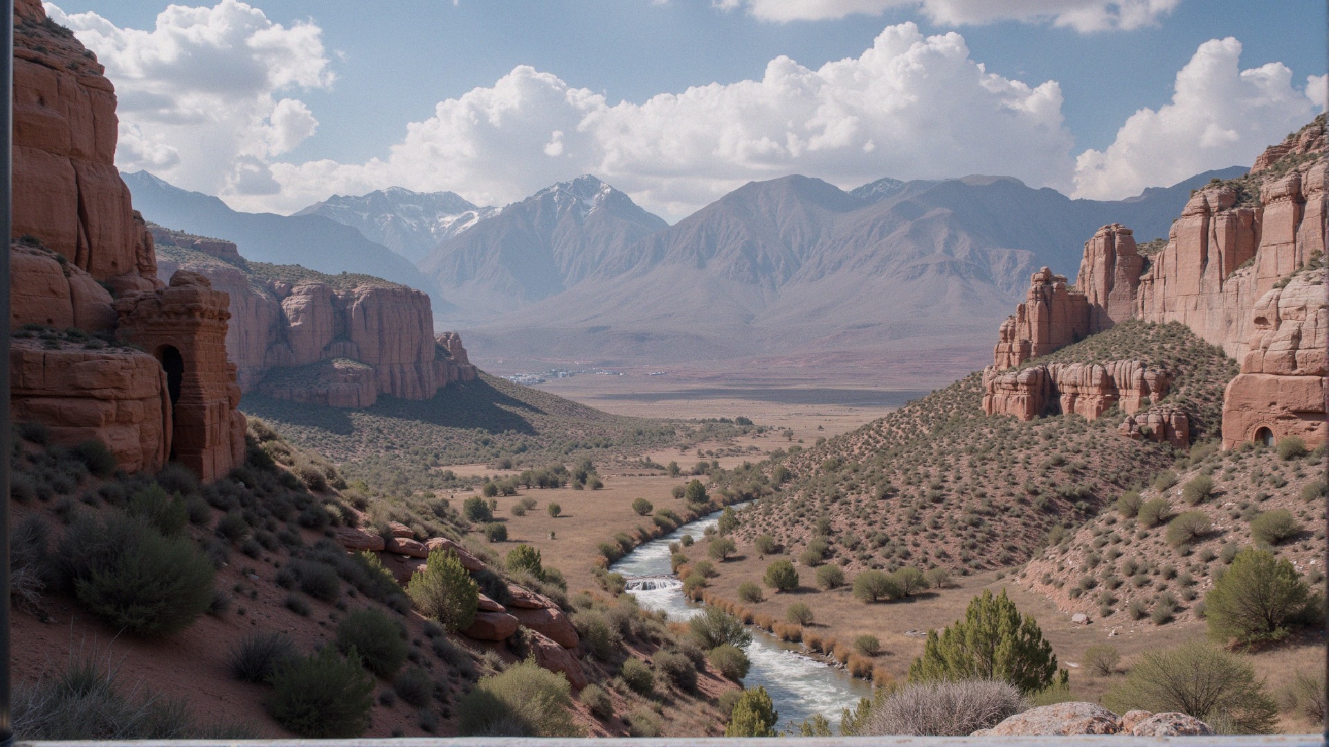 Stunning Landscape with Cliffs, Mountains, and River
