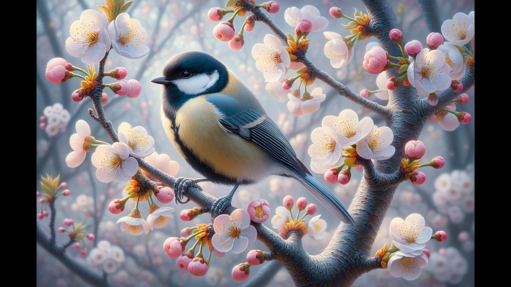 Vibrant Bird on Cherry Blossom Branch in Springtime